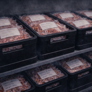 Packed meat trays in black crates for The Basecamp Larder at Basecamp North Lakes