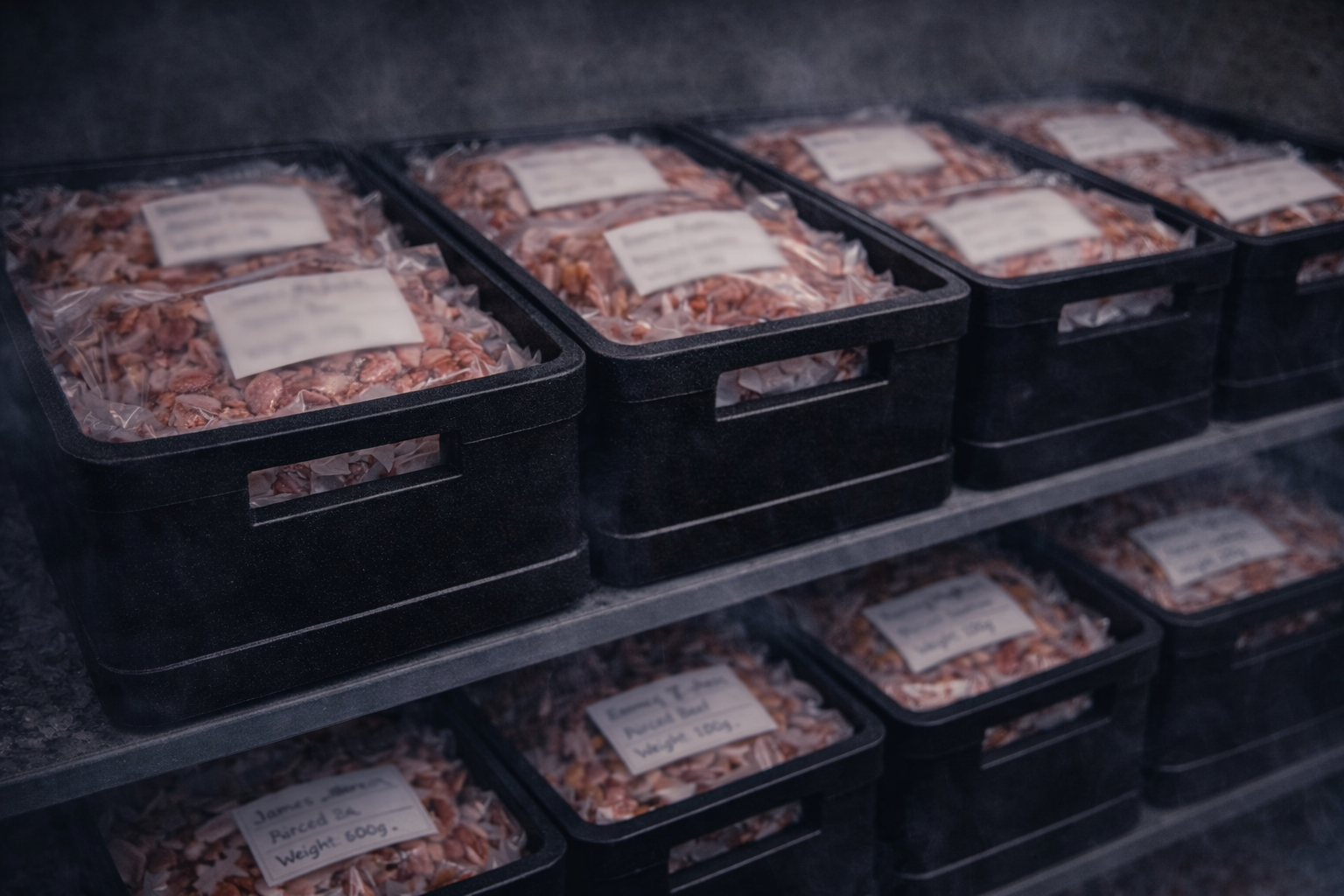Packed meat trays in black crates for The Basecamp Larder at Basecamp North Lakes