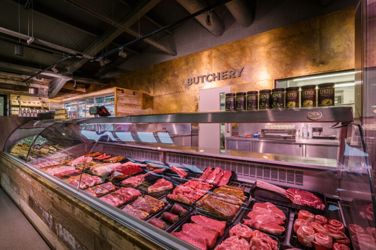 Butchers counter with local meats on display